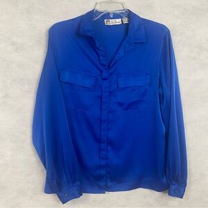 Vintage La Blouse Women’s Large Blue Button Down Shirt Silky Feel Flaw